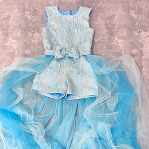 Blue Glitter Pageant Outfit: Girls Runway Romper with Train