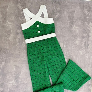 Girls' Green Tweed Jumpsuit: White Accents, Pageant Interview Outfit