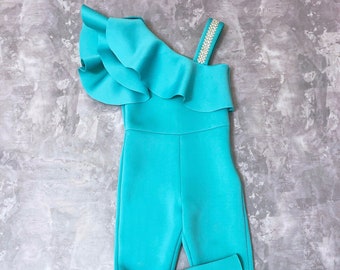 Mint aqua turquoise girl neoprene jumpsuit with ruffle/ Casual romper/ Girls casual wear/ Ruffles romper/ Custom outfit