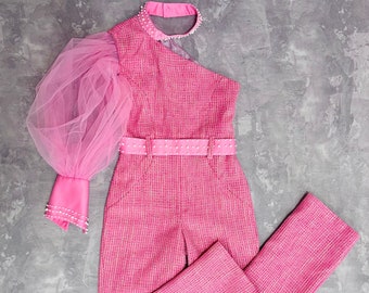 Pink  tweed girls pageant jumpsuit with one sleeve and beads/ Girls interview outfit/ Pageant casual wear/ Custom pageant outfit