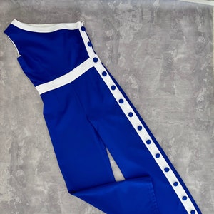 Royal blue and white pageant jumpsuit with buttons/ Interview romper/ Girls pants outfit/ Pageant interview wear/ Custom pageant outfit