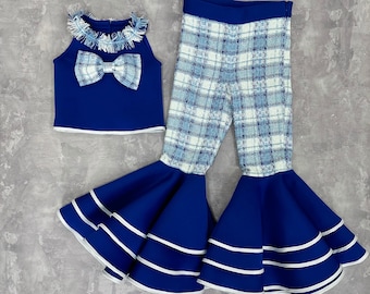 Royal blue and white tweed checkered pageant suit with top and bell bottom ruffles pants/ Pageant casual wear/ Custom pageant outfit