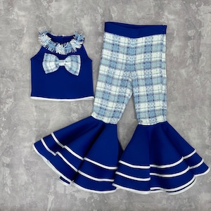 Royal blue and white tweed checkered pageant suit with top and bell bottom ruffles pants/ Pageant casual wear/ Custom pageant outfit