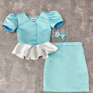 Blue Mint white satin girls suit with jacket and skirt/ Peplum jacket/ Girls interview outfit/ Custom pageant suit