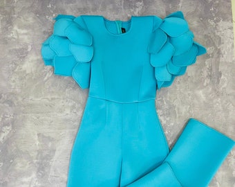 Teal Neoprene Girl's Jumpsuit: Ruffle Sleeve Romper, Custom Outfit