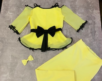 Yellow Girls Suit with Black Trim, Organza Peplum, Custom Made