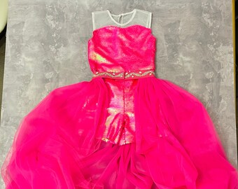 Hot pink sequins pageant fun fashion outfit with train and romper/ Girls teens outfit/ Runway romper with overskirt/  Custom pageant dresses