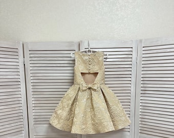 Gold Brocade Girl's Pageant Dress: Open Back Cocktail Outfit