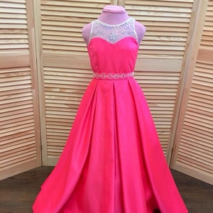 Hot Pink Pageant Gown: Rhinestone Satin Floor Length Dress
