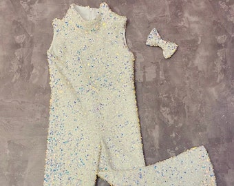 White Sequin Velvet Jumpsuit: Girls Custom Pageant Outfit