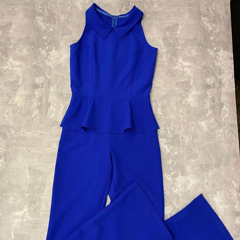Round Neck Beaded Jumpsuit with Cutout Royal Blue
