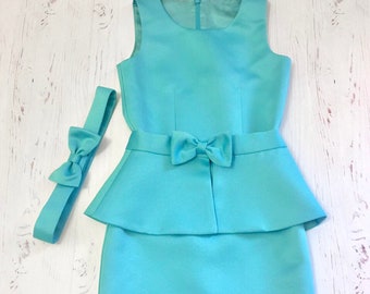 Turquoise Satin Peplum Dress: Girls Interview Outfit with Belt