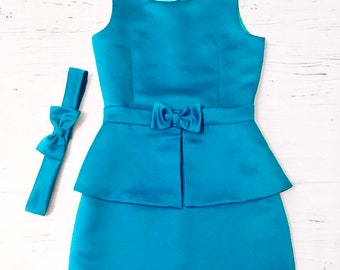 Turquoise Satin Peplum Dress: Girls Interview Outfit with Belt