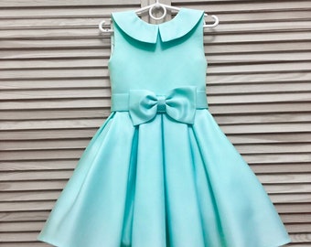 Teal mint turquoise pageant interview dress with bow belt and collar/ Knee length dress/ Girl Interview outfit /Custom pageant dress