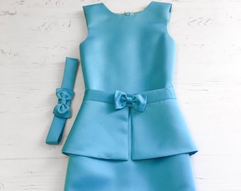 Turquoise Satin Peplum Dress: Girls' Interview Outfit with Belt