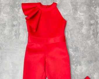 Macacão de mergulho de neoprene vermelho para meninas com babados/macacão de entrevista/roupa casual para meninas/macacão com babados/roupa personalizada