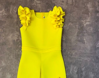 Bright hot yellow girl neoprene jumpsuit with ruffle sleeves/ Casual romper/ Girls casual wear/ Ruffles romper/ Custom outfit