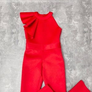 Red girl neoprene scuba jumpsuit with ruffle/ Interview romper/ Girls casual wear/ Ruffles jumpsuit/ Custom outfit