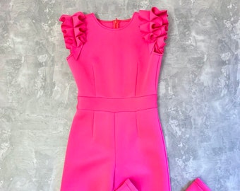 Hete roze meisjes neopreen scuba jumpsuit met ruches mouwen/casual romper/meisjes vrijetijdskleding/aangepaste optocht outfit