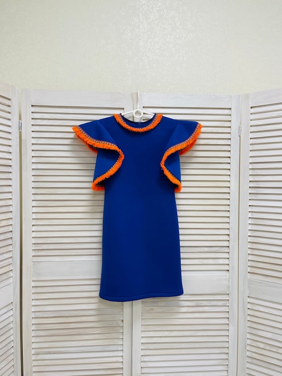 Royal Blue Neoprene Girl Dress: Ruffle Sleeves, Orange Trim - Etsy Denmark