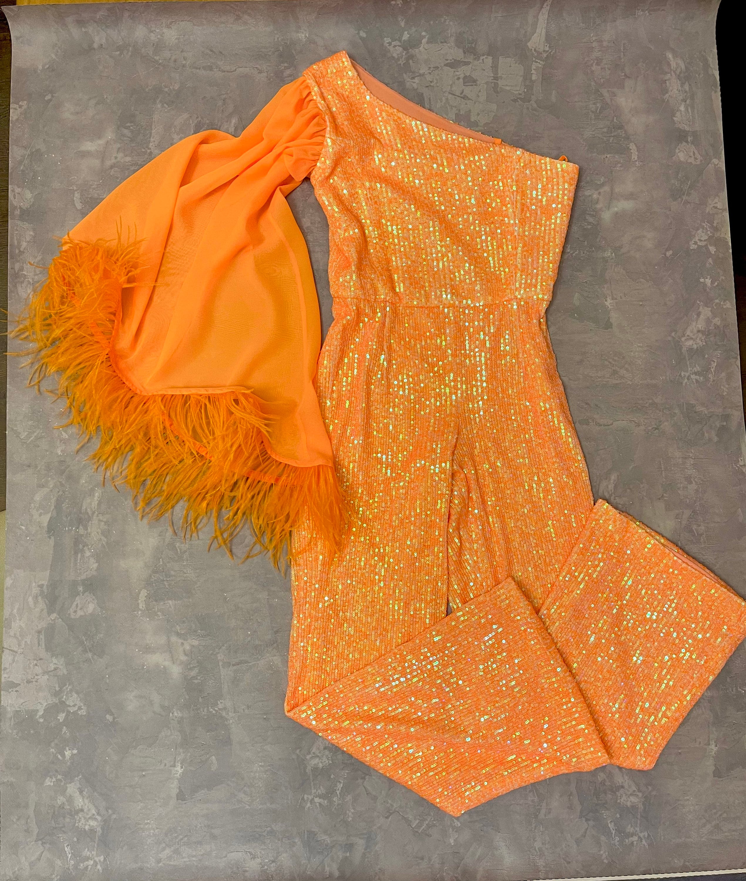 Orange sequins pageant one sleeve girls jumpsuit with feathers/ Girls pageant runway outfit/ Custom pageant jumpsuit