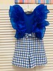 Royal blue white tweed girls pageant romper with organza ruffles/ Girls casual outfit/ Pageant casual wear/ Custom pageant outfit 