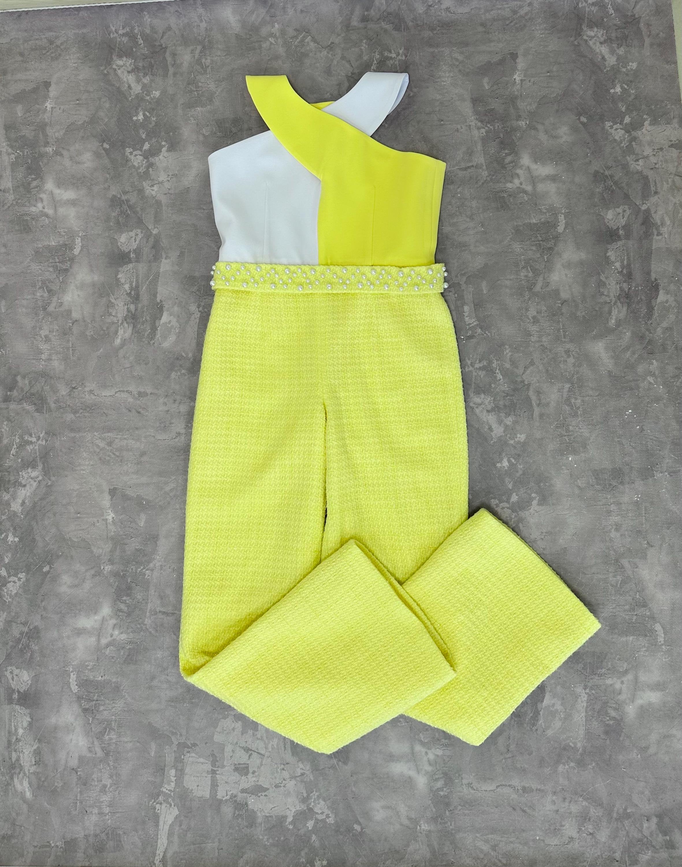 Yellow and white tweed girls pageant jumpsuit with  beads belt/ Girls interview outfit/ Pageant casual wear/ Custom pageant outfit