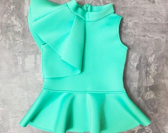 Mint turquoise pageant girl neoprene scuba top with peplum/ Casual top/ Girls casual wear/ Ruffles top/ Custom outfit