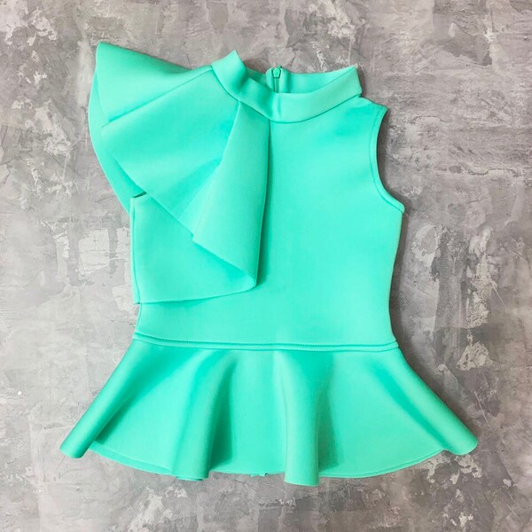 Mint turquoise pageant girl neoprene scuba top with peplum/ Casual top/ Girls casual wear/ Ruffles top/ Custom outfit