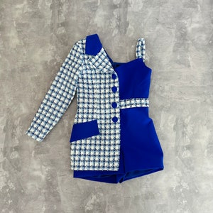 Royal blue asymmetrical tweed girls pageant romper with one sleeve/ Girls casual outfit/ Pageant casual wear/ Custom pageant outfit