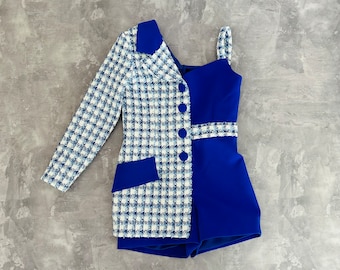 Royal blue asymmetrical tweed girls pageant romper with one sleeve/ Girls casual outfit/ Pageant casual wear/ Custom pageant outfit