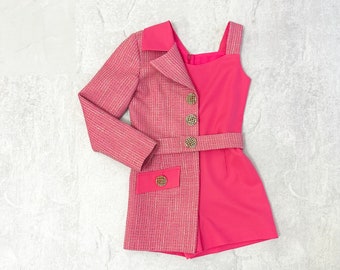 Pink asymmetrical tweed girls pageant romper with one sleeve/ Girls casual outfit/ Pageant casual wear/ Custom pageant outfit