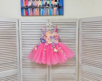 Pink 3D Floral Tulle  Pageant Dress, Cocktail Outfit, Custom Pageant Wear