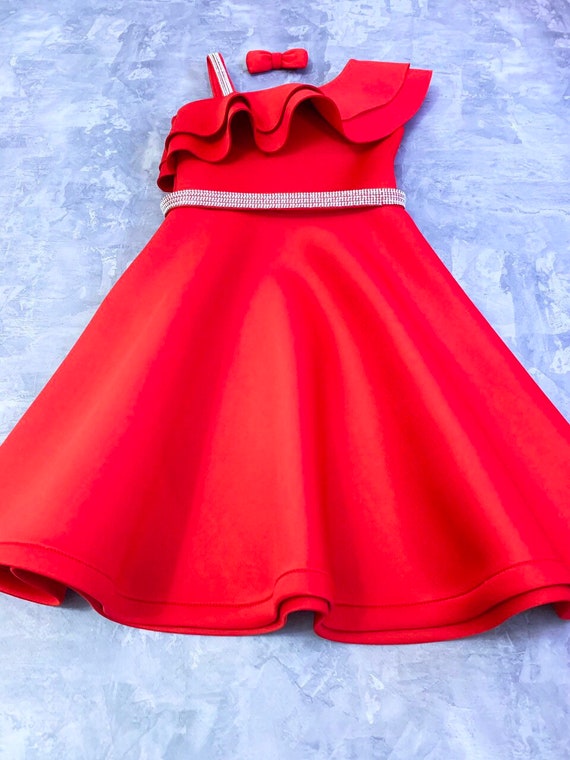 Red Girl Neoprene Scuba Dress With Ruffles and Belt/ Cocktail