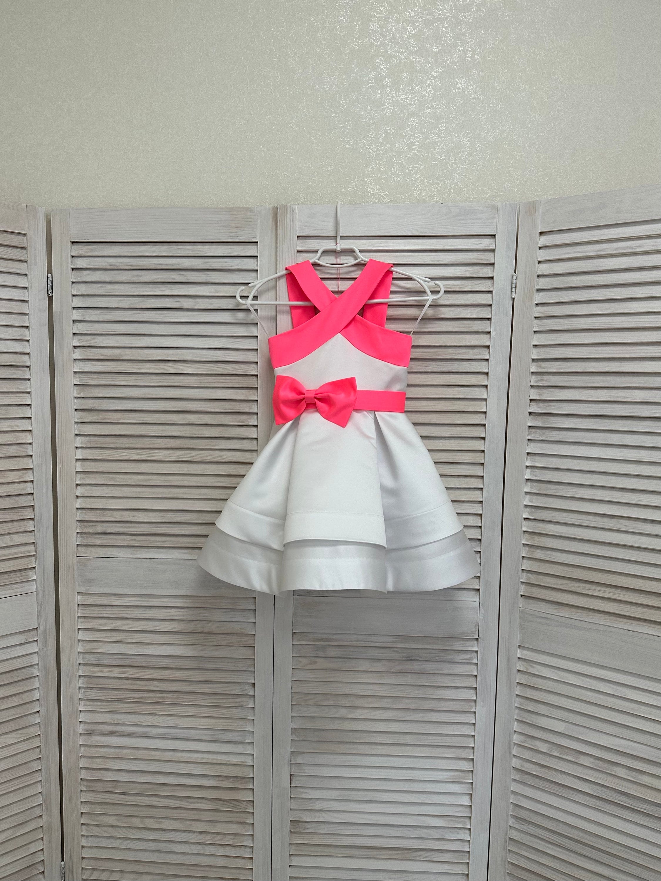 White pageant cocktail dress with pink straps and bow belt/ Pageant outfit/ Teens cocktail dress/  Custom pageant dresses
