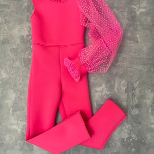 Hot pink girl neoprene jumpsuit with polka dots sleeve/ Scuba casual romper/ Girls casual wear/ Neoprene romper/ Custom pageant outfit image 4