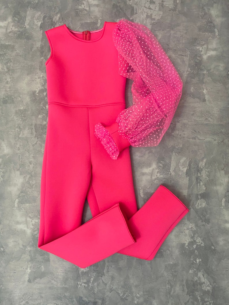 Hot pink girl neoprene jumpsuit with polka dots sleeve/ Scuba casual romper/ Girls casual wear/ Neoprene romper/ Custom pageant outfit image 4