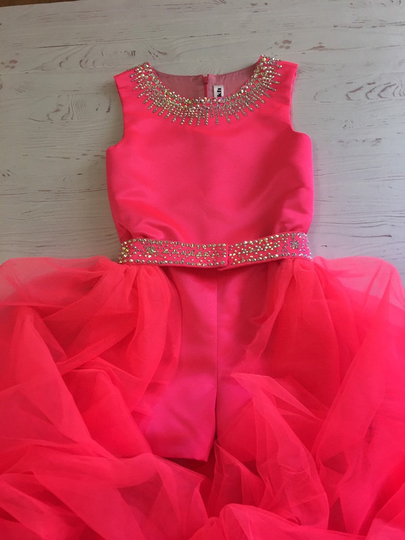 Neon hot pink pageant fun fashion outfit with train and romper/ jumpsuit / Girls teens pageant outfit/ Runway outfit/ Custom pageant dresses 