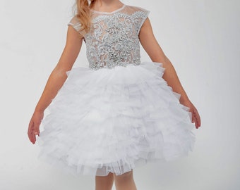 White Tulle Ruffle Girl Dress: Silver Lace Rhinestone Pageant Gown