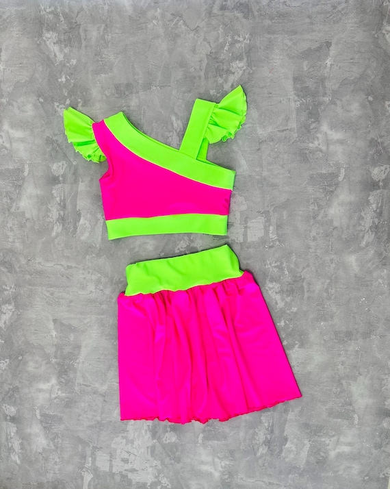 Girls' Hot Pink Neon Green Fitness Outfit: Spandex Top and Skirt