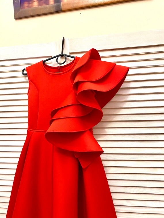 Red Girl Neoprene Scuba Dress With Ruffles/ Interview Pageant