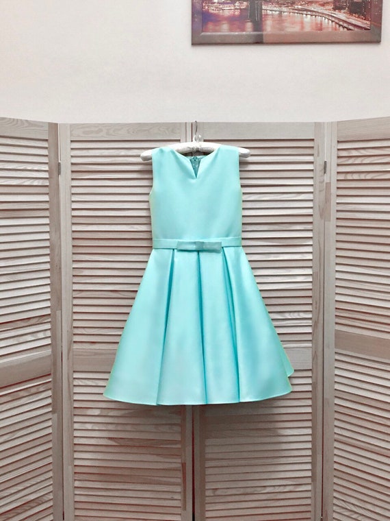 Satin Cocktail Dress: Turquoise Blue Mint, Bow Belt, Knee Length