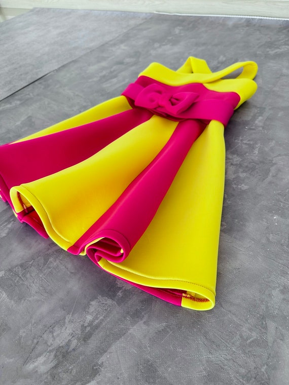 hot pink and yellow dresses & Neoprene Girl Dress: Custom Bow Belt Outfit colour combination yellow and pink dress