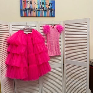 Hot Pink Sequin Romper with Tulle Train: Girls Pageant Outfit