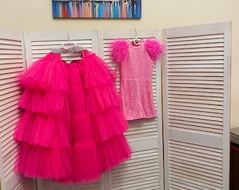 Hot Pink Sequin Romper with Tulle Train: Girls Pageant Outfit