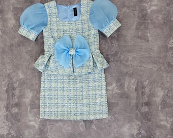 Light blue tweed girls pageant dress with organza sleeves and bow/ Girls interview outfit/ Pageant casual wear/ Custom pageant outfit