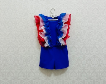 Girls' Patriotic Romper: Red, White & Blue Ruffle Jumpsuit