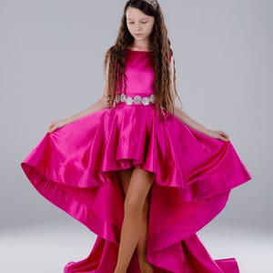Hot Pink Satin Pageant Dress: Rhinestone High-Low Train, Teens Runway Outfit