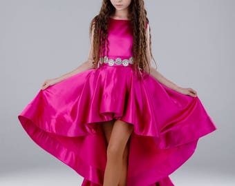 Hot Pink Satin Pageant Dress: Rhinestone High-Low Train, Teens Runway Outfit