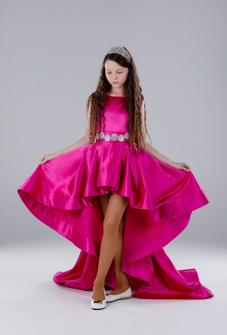 Hot pink pageant high low dress with train /Fun fashion pageant dress /Teens outfit/ Hot pink satin runway outfit/ Custom pageant dress 